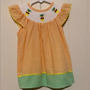 Yellow Gingham Girls Dress with Green Hem and White Smocked Yoke